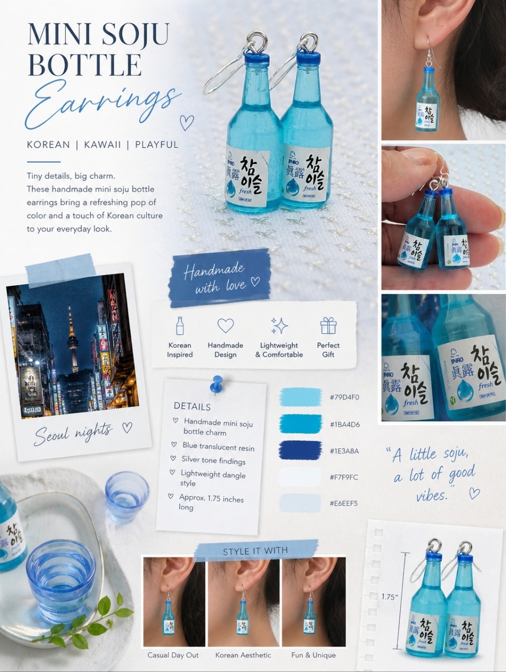 Handmade Mini Soju Bottle Earrings Blue Kawaii Korean Drink Dangle 1.75"
